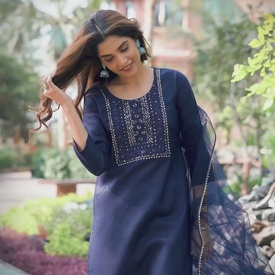 Stylish Blue Straight Kurta Pant and Dupatta for Women