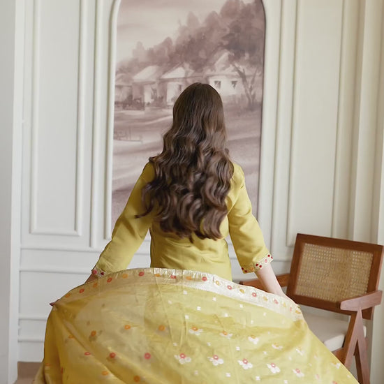 Yellow Silk Embroidered Straight Kurta Set with Pant & Dupatta for Women under 1299