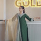 Dark Green Silk Plain V Neck 3/4 Sleeve Straight Kurta Set With Pant & Dupatta