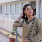 Dark Beige Silk Embroidered V Neck 3/4 Sleeve Straight Kurta Set With Pant & Dupatta
