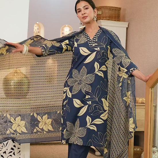 Blue Cotton Printed Straight Kurta Set with Pant & Dupatta under 799