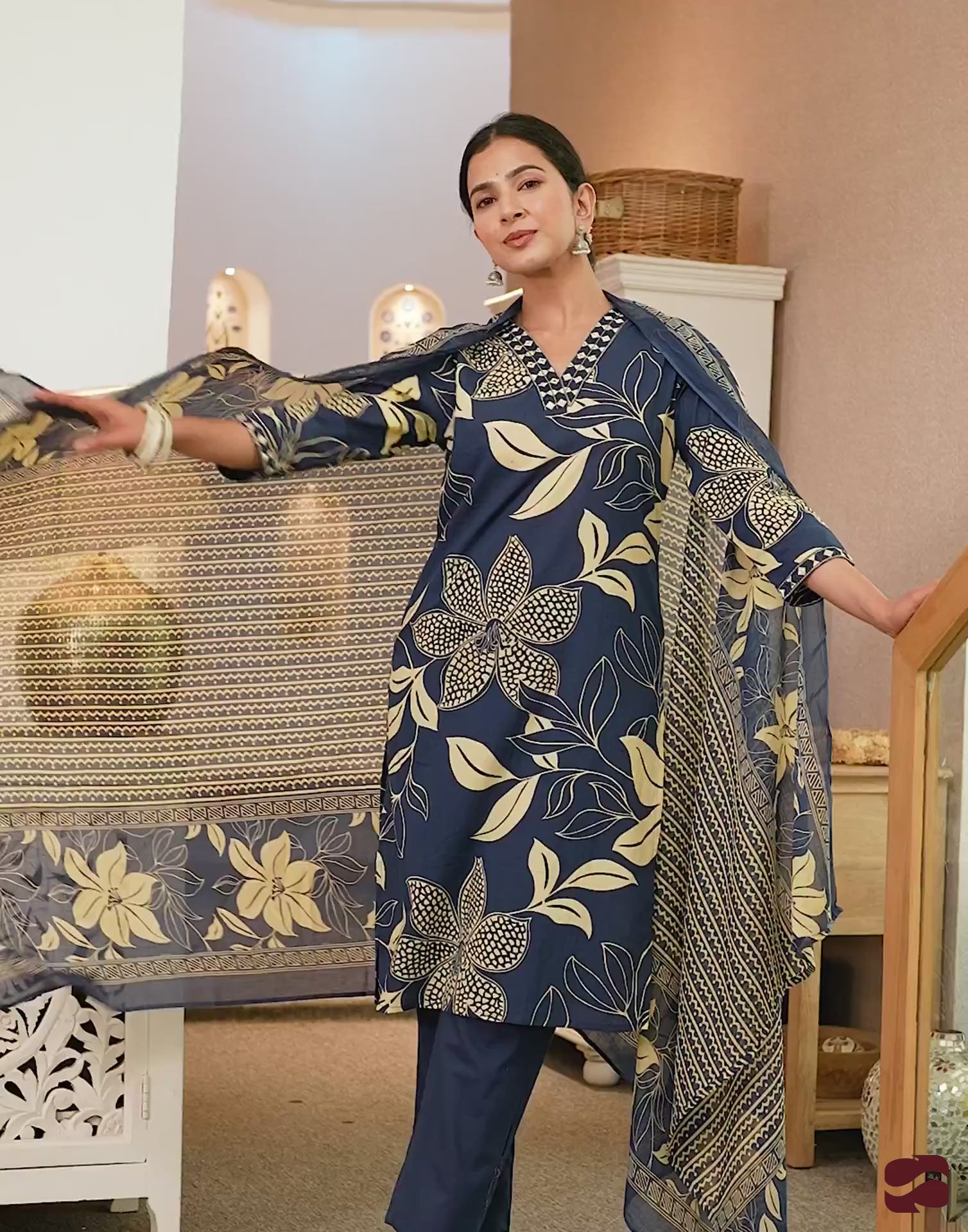 Blue Cotton Printed Straight Kurta Set with Pant & Dupatta under 799