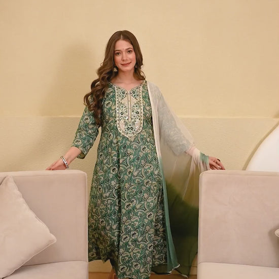 Green Cotton Printed Anarkali Kurta Set with Pant & Dupatta under 999