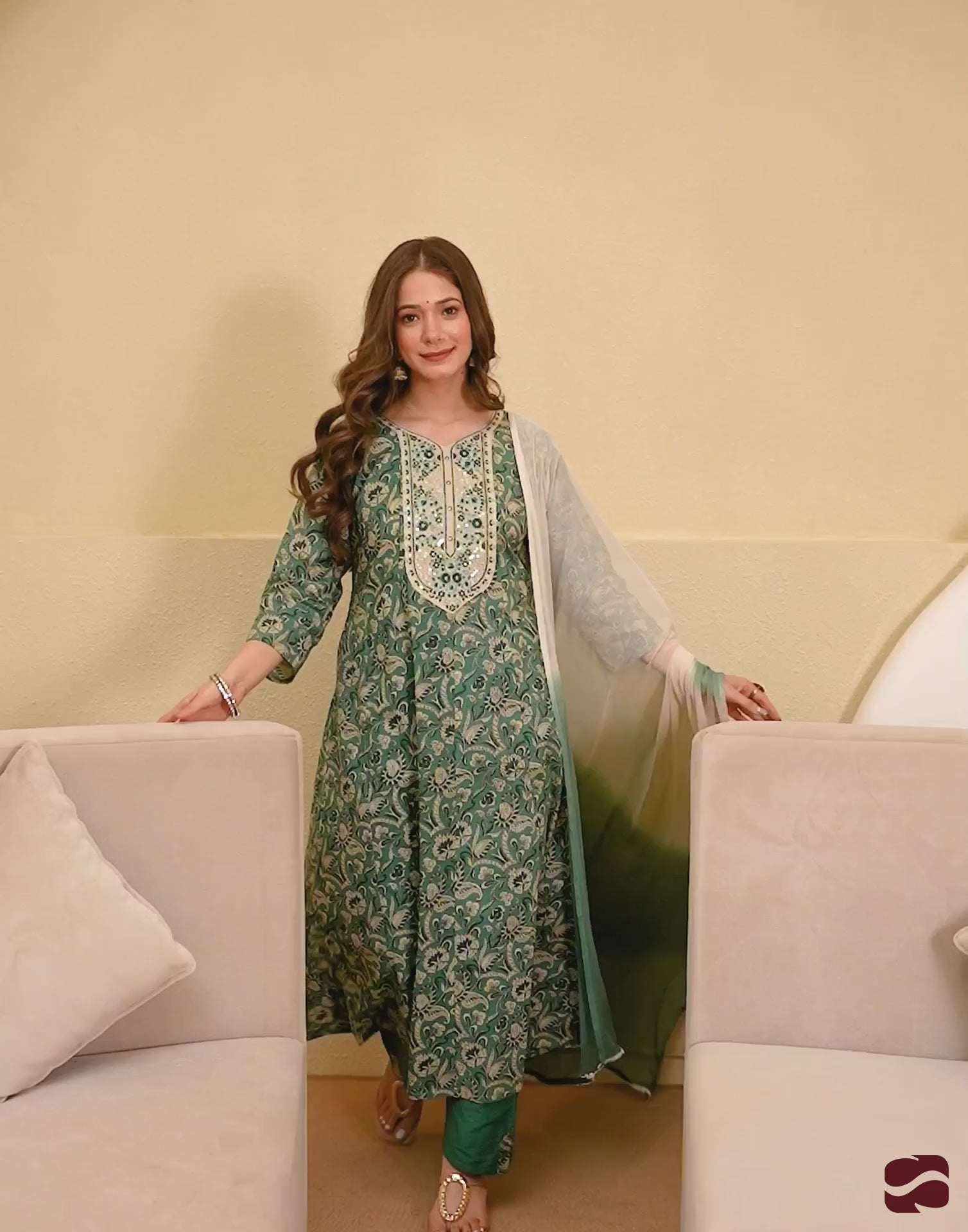 Green Cotton Printed Anarkali Kurta Set with Pant & Dupatta under 999
