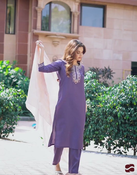 Silk Blend Dyed, Sequence Embroidery and Lace Straight Kurta with Pant & Dupatta