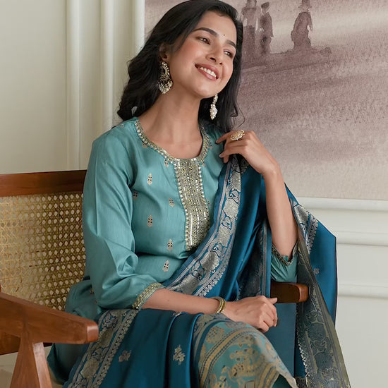 Blue Silk Embroidered Straight Kurta Set with Pant & Dupatt under 1299