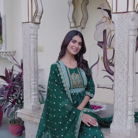 Dark Green Cotton Printed Anarkali Kurta Set with Pant & Dupatta Festive Wear