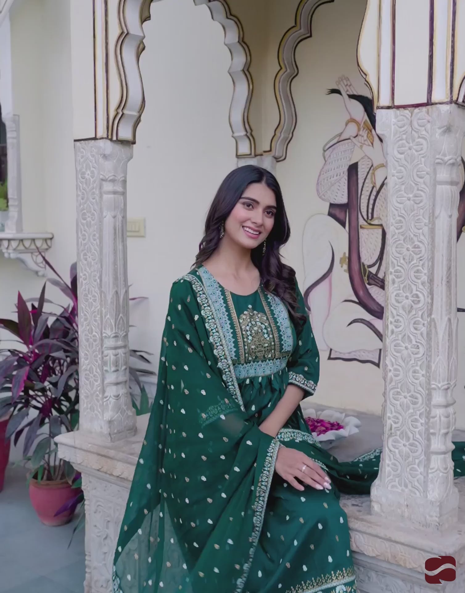 Dark Green Cotton Printed Anarkali Kurta Set with Pant & Dupatta Festive Wear