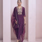 Wine Silk Plain V Neck 3/4 Sleeve Straight Kurta Set With Pant & Dupatta