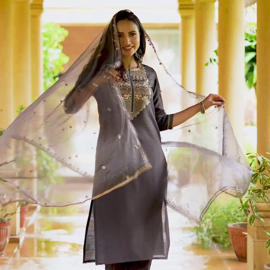 Straight cuts silk kurta set for women with pant dupatta under 1299