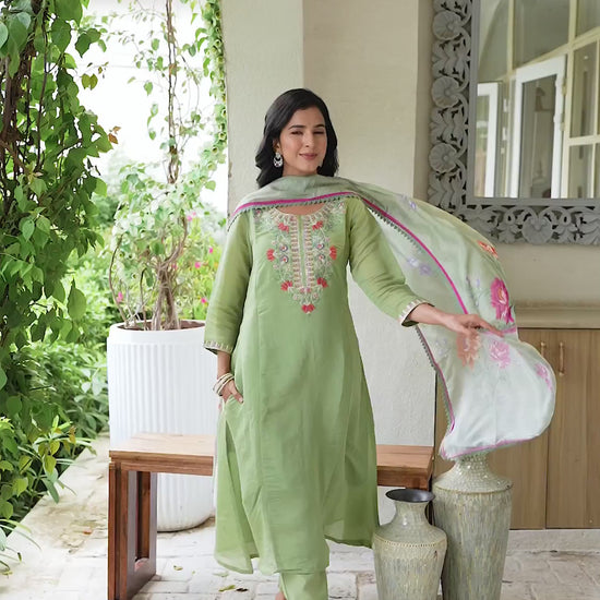 Green Silk Embroidered A-Line Kurta Set with Pant & Dupatta Elegant Festive Wear for Diwali
