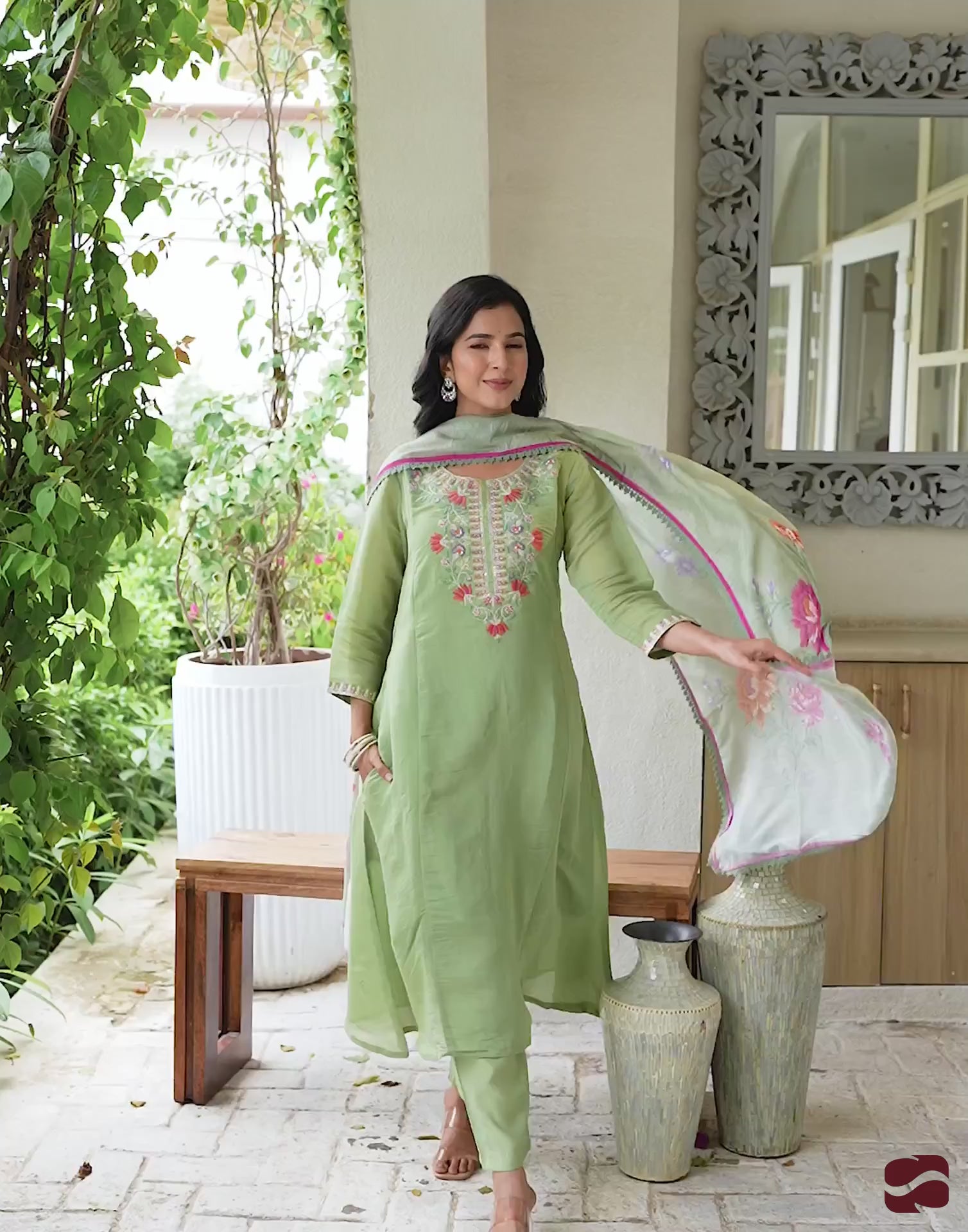 Green Silk Embroidered A-Line Kurta Set with Pant & Dupatta Elegant Festive Wear for Diwali