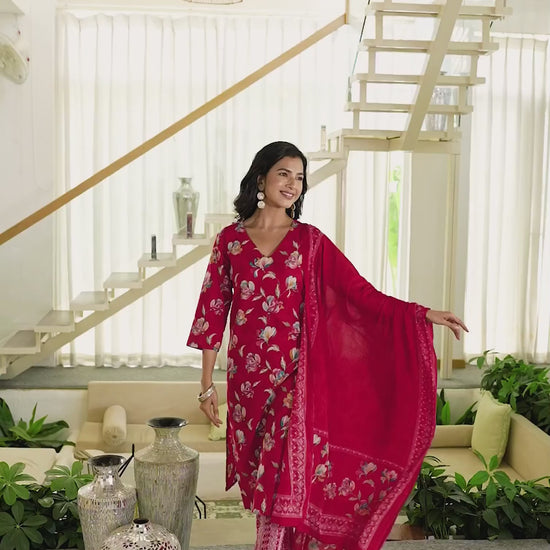 Red Cotton Printed Straight Kurta Set with Pant & Dupatta for Wome Casual & Daily Wear Floral Design Under 799