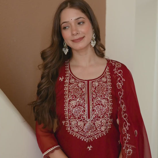 Maroon Silk Embroidered Straight Kurta Set with Pant & Dupatta for Women