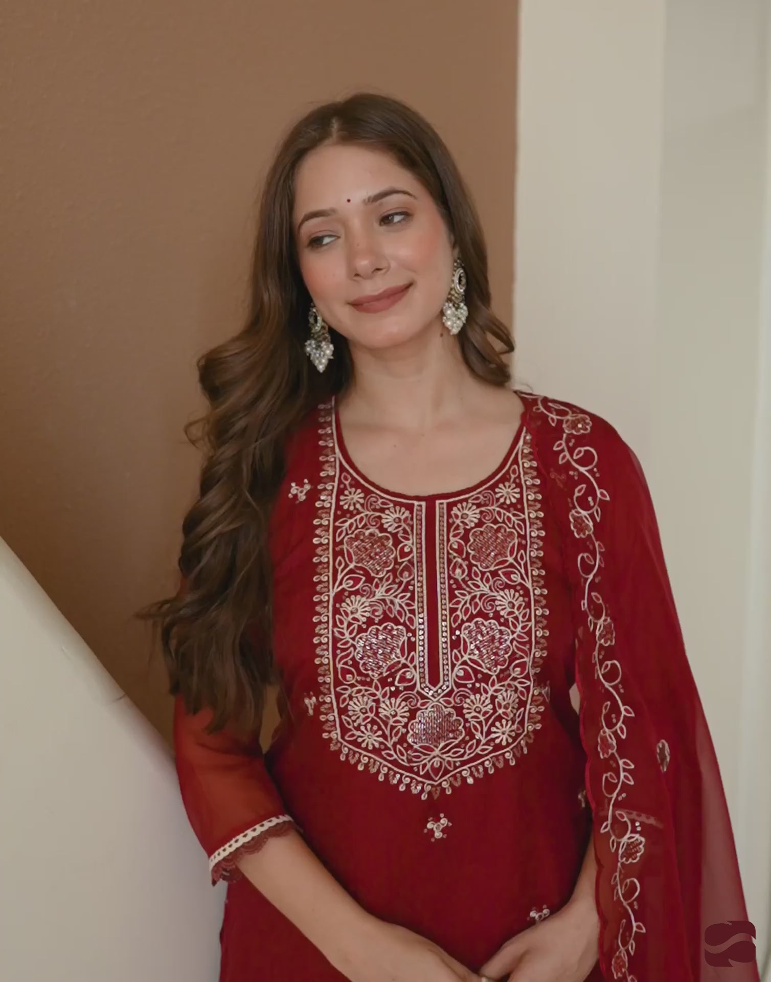 Maroon Silk Embroidered Straight Kurta Set with Pant & Dupatta for Women