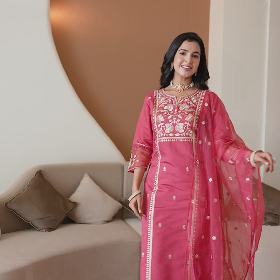 Pink Silk Embroidered Straight Kurta Set with Pant & Dupatta for Women under 1299 