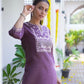 Dark Lavender Silk Plain V Neck 3/4 Sleeve Straight Kurta Set With Pant & Dupatta